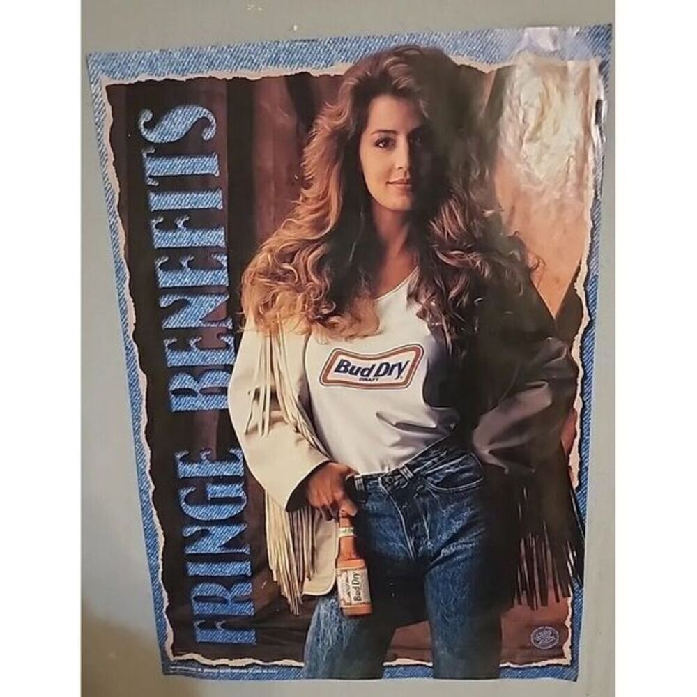 VINTAGE 1991 Budweiser Beer Poster ~‎ BUD DRY ~ Fringe Benefits SEXY Model Jeans